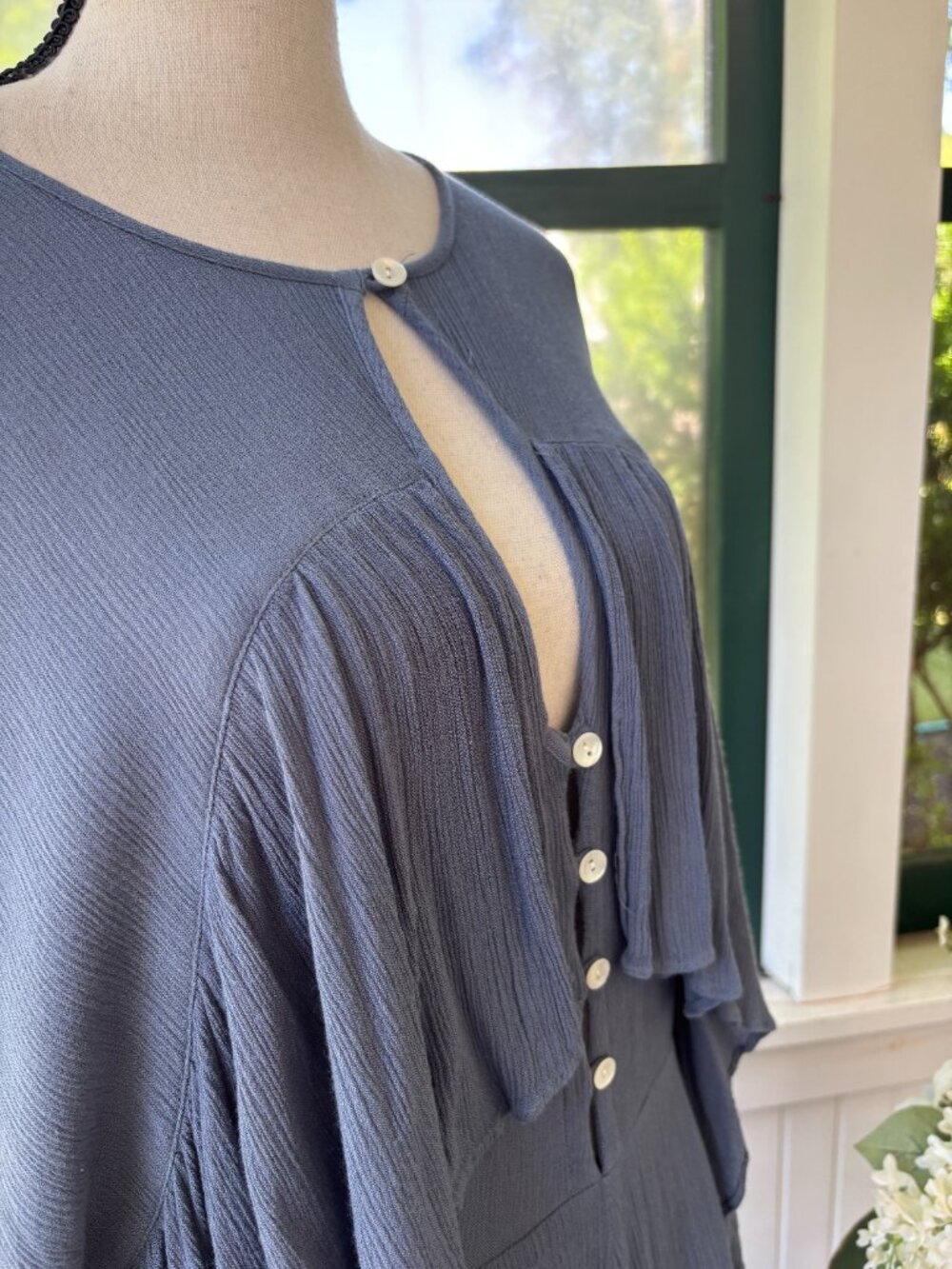 Free People Ruffle Button-Front Romper | Slate Blue | Size M | Like New - Picture 2 of 7